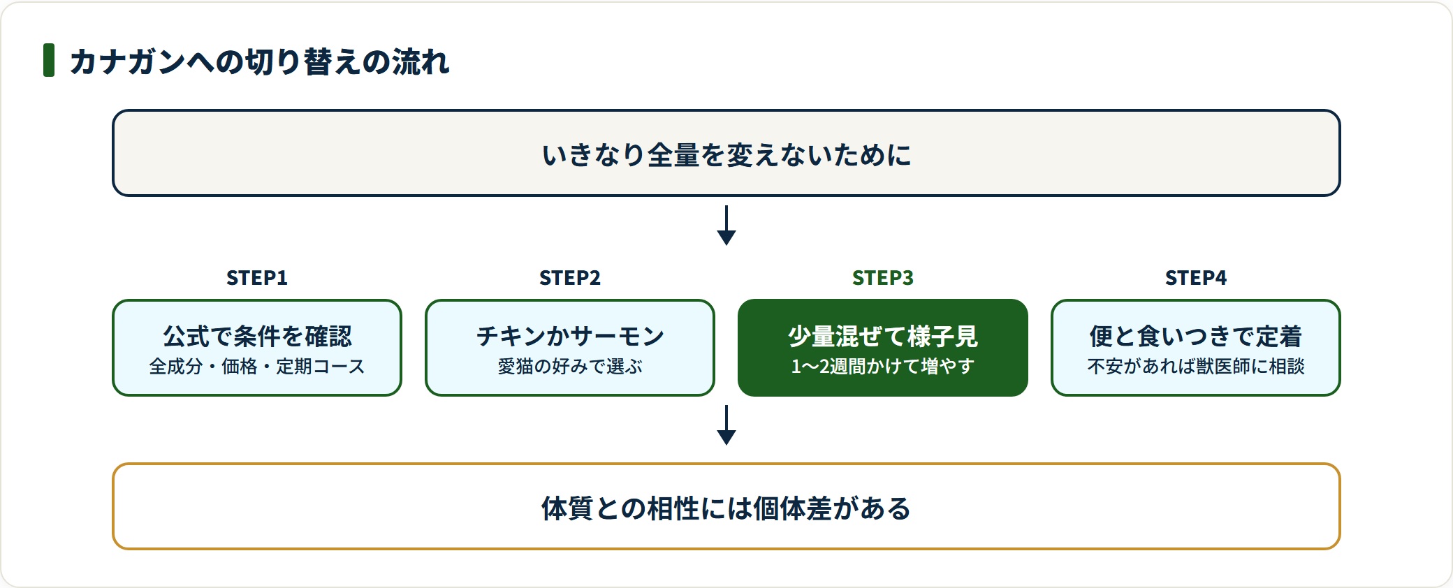 カナガンキャットフードへの切り替えを、公式サイトでの条件確認・味の選択・少量混合・便と食いつきの確認の4ステップで示した流れ図。